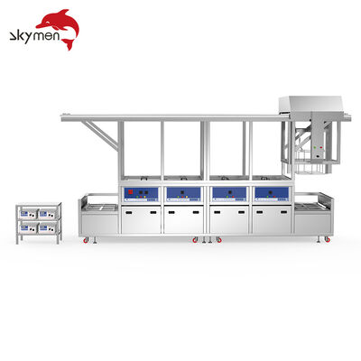 Máquina semiautomática de limpeza ultrassônica multitanque com sistema motorizado de elevação e transferência